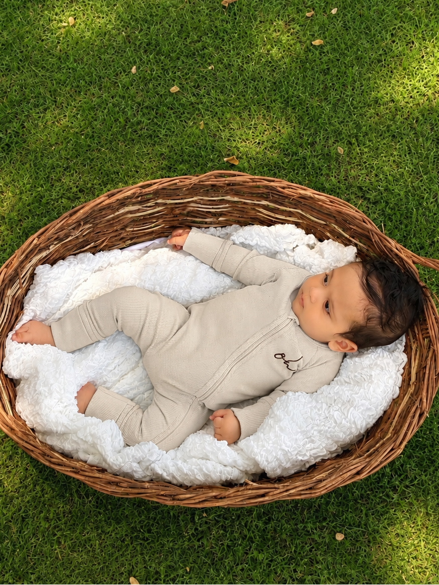 Baby Onesie - Rib Double Zip - Latte
